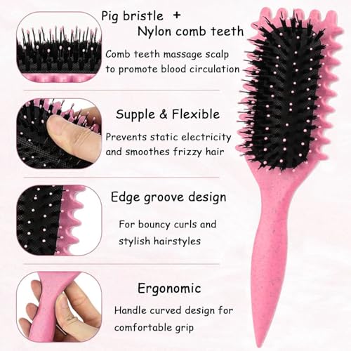 Image of Combelle 5-in-1 Curl Hair Brush | Vegan Boar Bristles | Bio-Based PLA Handle | Detangling, Defining & Frizz Control for Curly & Wavy Hair | For Men & Women - Red