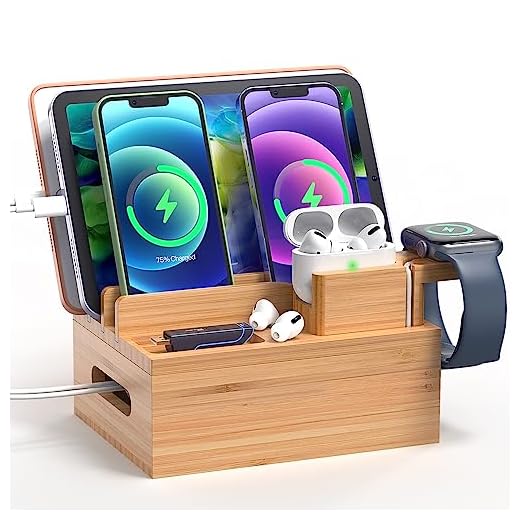 Bamboo Charging Station for Multiple Devices - Pezin & Hulin Electronic Docking Station Organizer for Smartphone, Smart Watch, Earbuds, Tablet (Included 6 Charging Cables, No Power Supply)