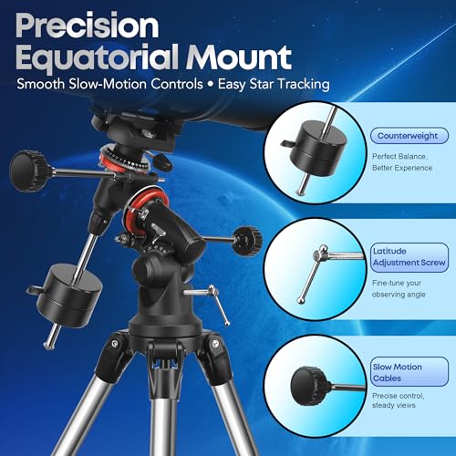 Image of MEEZAA Telescope, 150EQ Newtonian Reflector Telescope for Adults Astronomy Beginners, Professional Astronomical Telescopes with Equatorial Mount, Phone Adapter, Tripod, Moon Filter and Large Carry Bag