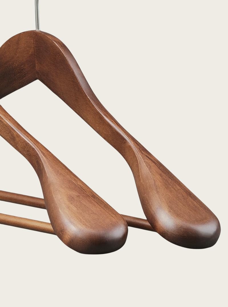 MELA'S Wooden Wide Clothes Hanger, Natural Wood, Pack of 12, Non-Slip, for Stable Jacket, Suit, Shirts, Extra Wide Shoulders, Trouser Bars, 45 x 23 x 5.5(Walnut)