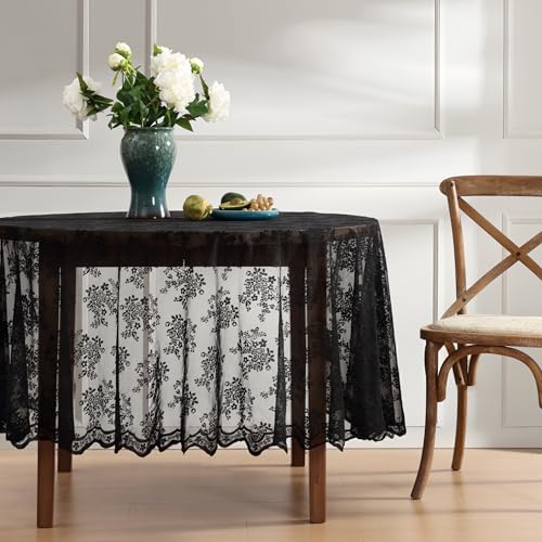 HLC.ME Jolene Floral Lace Tablecloth, Round, 90 Inch Round, Black