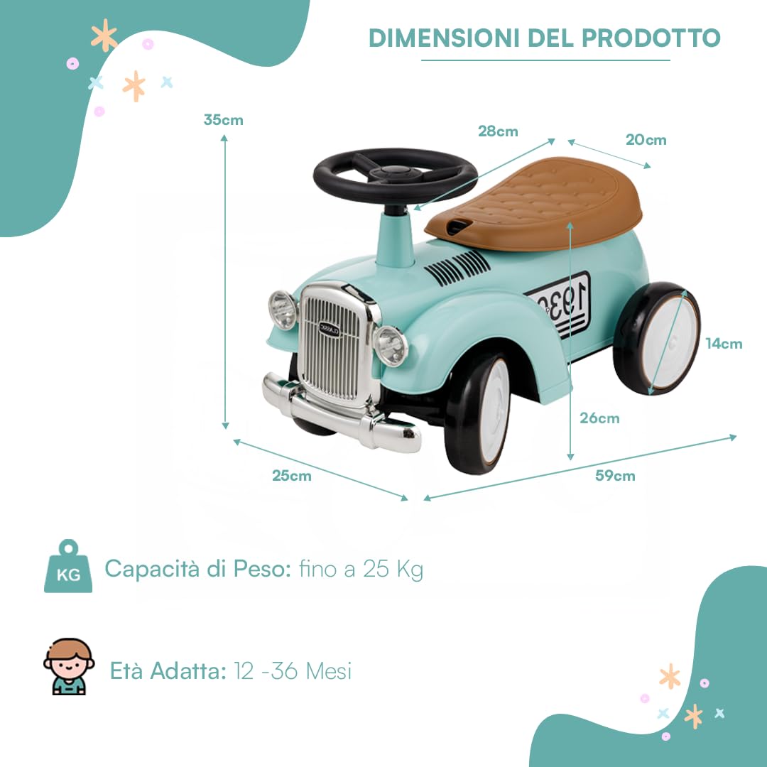 Baroni Toys Macchina Ride-On Vintage per Bambini dai 12 ai 36 Mesi, Baby Car con Clacson ad Aria, Vano Portaoggetti, Manubrio Sterzante e Ruote Stabili per Imparare a Camminare, 25x59x35 cm, Celeste