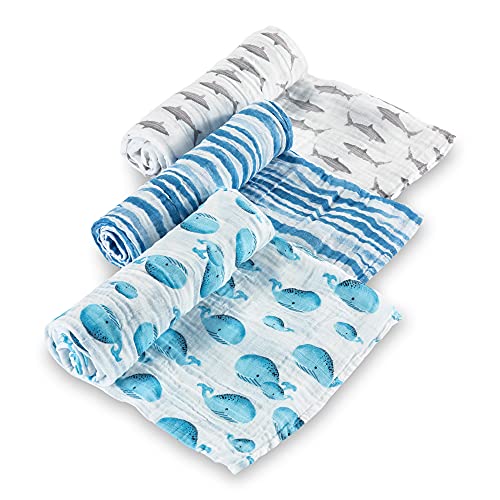 LollyBanks 100% Cotton Muslin Swaddle Nautical Ocean Baby Blanket Set, Whale and Shark Pattern | Boy Receiving Blankets Pack of 3 Breathable Security Swaddles
