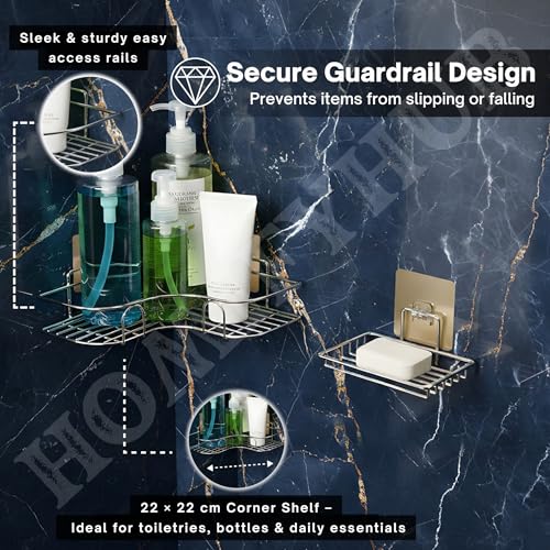 Image of No Drill Bathroom Combo 1 L Shape Corner Shelf & 2 Stickable SS Soap Holders with Drain Tray | Self Adhesive Wall Shelf Organizer for Kitchen & Bathroom Magic Sticker (Silver, Pack of 3)