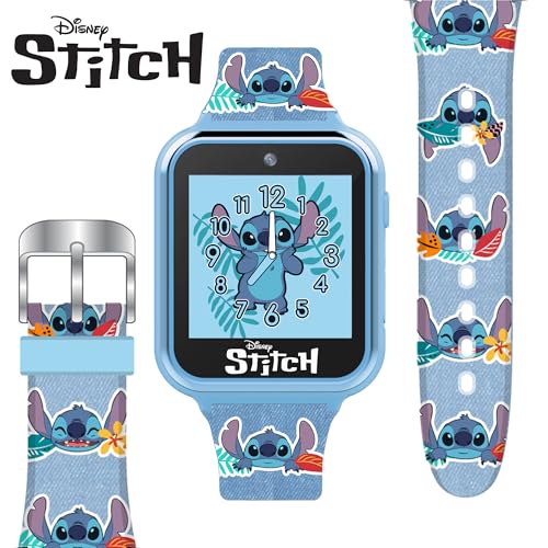 disney stitch kids smart watch with 10 customizable faces camera voice recorder calculator and step counter  touchscreen interactive watch for kids  blue silicone strap