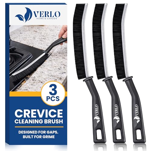 Image of Hard Bristle Crevice Cleaning Brush 3 Pack, Thin Grout Brush for Tile and Bathroom, Gap Cleaner for Kitchen, Shower, Window Track and Radiator, Black, Grip Handle, Verlo