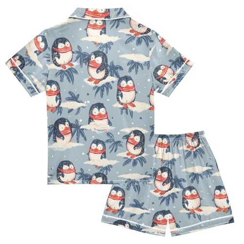 ALAZA Penguin Blue Palm Tree Pajamas Satin Pajama Set Short Sleeve Button Down Sleepwear2