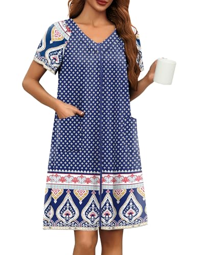 Ekouaer Women's Print Robe with Front Zipper Summer Nightgowns Lightweight Zippered Bathrobe Women House Coat Duster Lounger Robe Navy Crown XXXL