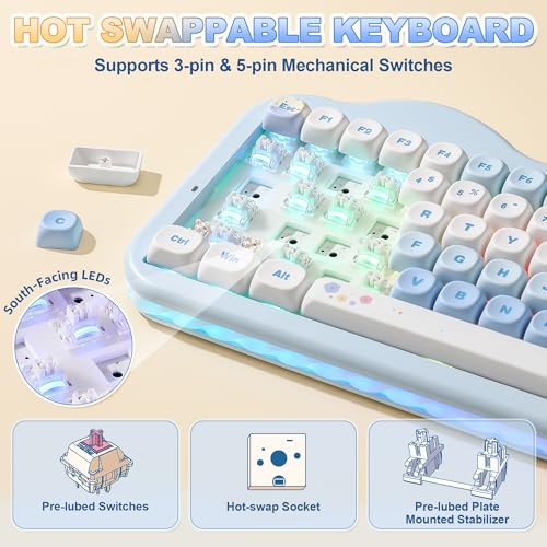 Image of YUNZII C75 Wireless Mechanical Keyboard,75% Layout, Hot-Swappable NKRO,BT5.0 /2.4G /USB-C Mode,Dye-Sub PBT MOA Keycaps,RGB Gasket Mount,Cute Cake Design for Mac /Win /Gaming (Blue, Milk V2 Switch)