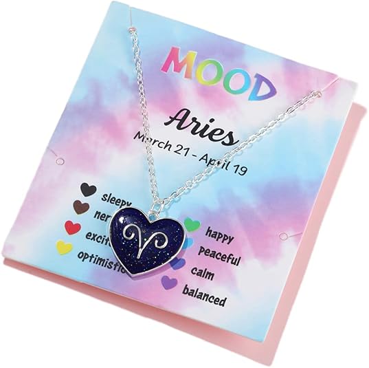 12 Constellation Sign Zodiac Love Heart Shape Pendant Necklace Color Changing Temperature Emotion Sensing Mood for Women Astrology Horoscope BFF Friendship Birthday Jewelry