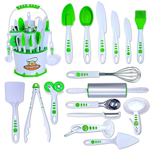 Curious Chef 30-Piece Caddy Collection Cookware, White/Green, Dishwasher Safe, Bpa-Free Plastic, Includes Real Utensils - Rolling Pin, Spoons, Whisk, Knives, Measuring Cups, Vegetable Peeler & More #TOP22