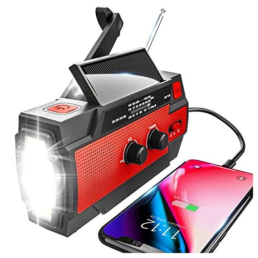 Emergency Radio Hand Crank Solar, 4000mAh Portable Weather Radio, NOAA Weather Radio, Outdoor Radio with Flashlight & Motion Sensor Reading Lamp, Solar Cell Phone Charger, SOS Alarm(Red)