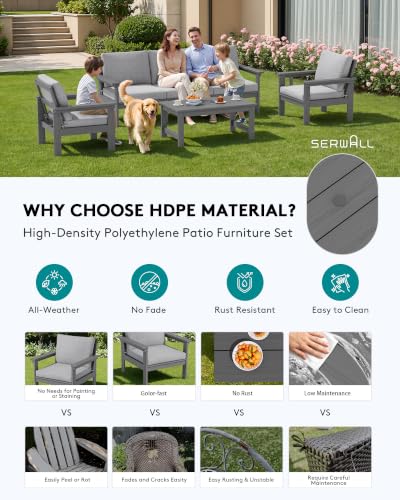 Image of SERWALL HDPE Outdoor Patio Furniture Set Outdoor Couch | All Weather Outdoor Sectional with Coffee Table, Gray Frame & Gray Cushions