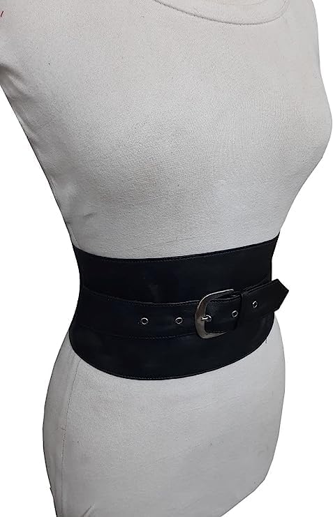 Woman's Obi Sash Wrap Stretch Corset Waisband Cincher Wide Elegant Genuine Leather Buckle Belt (Black, 2XL(35''-36''Waist))