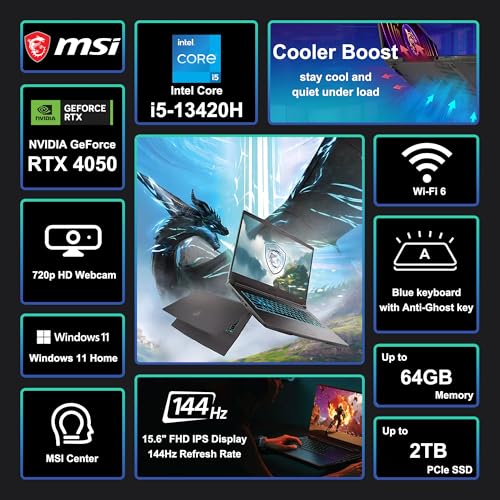 Image of msi Thin 15.6 inch FHD 144Hz IPS Gaming Laptop, 13th Gen Intel Core i5-13420H, NVIDIA GeForce RTX 4050, 16GB RAM, 512GB SSD, WiFi 6, Backlit Keyboard, Cooler Boost, Win 11 w /ICP Hub