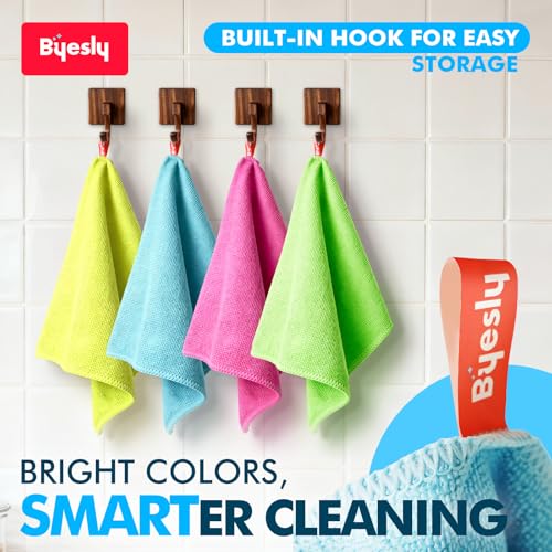 Byesly 12-Pack Microfiber Cleaning Cloth, 11.5x11.5 Microfiber Towels for Cars, Dishes & House, For Detailers, Chefs & Efficient Home | Scratch-Free, Lint-Free, Ultra Absorbent(Green/Blue/Yellow/Pink) — view 4