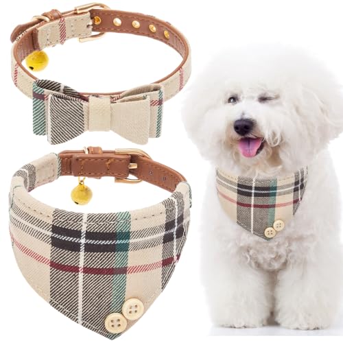Image of EXPAWLORER Cute Dog Collar - 2 Pack Classic Plaid Puppy Bow Tie and Bandana Cat Collar with Bell, Adjustable for Small Medium Large Pets Holiday Ideal Gift, SM