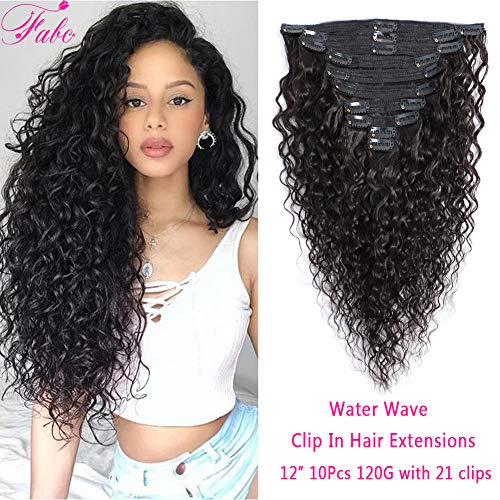 Water Wave Clip In Hair Extensions 8A Brazilian Virgin Remy Hair Water Wave Curly Clip Ins For Black Women Natural Black Color Double Weft 10Pcs/Set 120 Gram (12 Inch,Water Wave)