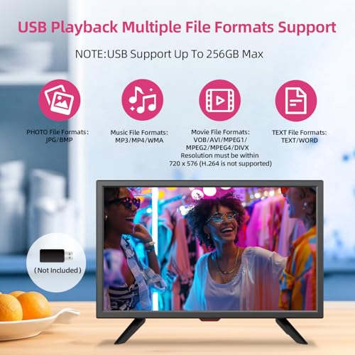 TV 20 inch,Small Kitchen Flat Screen TV with Headphones,HDMI,USB and VGA Ports,DV-12V Cable & AC Adapter for use in Your Bedroom & Caravan (Full View TV) - Image 7