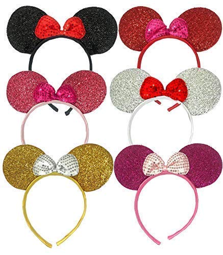 Minnie Mouse Ears Headband, Sequin Glitter, 6 Pack Multicolour | Assorted Colours, Bow Accent, Party Costume, Kids & Adults, Shiny Sequin Finish-image-40