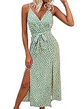 MakeMeChic Women's Floral Spaghetti Strap Deep V Neck High Waist Double Split Summer Cami Dress Green L