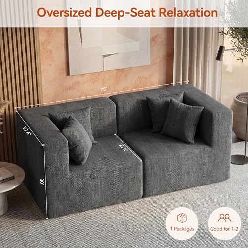 Image of MONVANE 75 inch Loveseat Sofa, Comfy Chenille Modular Sectional Sofa with 4 Pillows, Modern Deep Seat Boneless Couch, 2 Seater Sofa for Living Room, Bedroom and Apartment, Grey