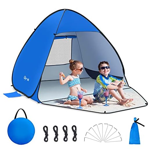Glymnis Tienda de Playa Pop Up 2-4 Personas Tienda Instantánea Automática UPF 50+ Tienda Playa Portátil con Puerta Cremallera para Playa Parque Pescar