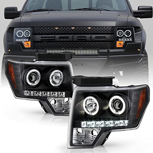 ACANII - For 2009-2014 Ford F150 LED Halo Ring Black Housing Projector Headlights Headlamps, Driver & Passenger Side