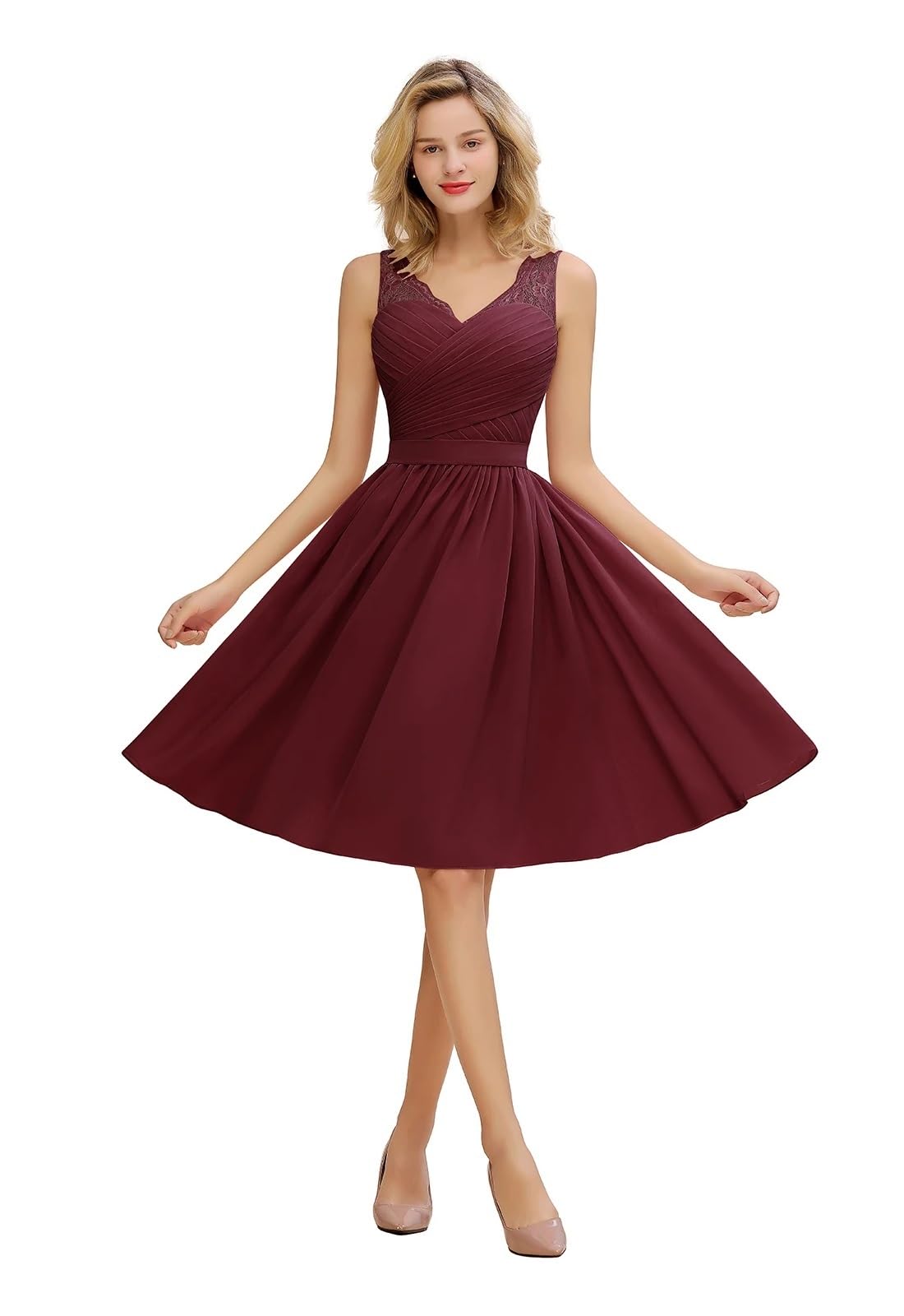 Klassisches Dusty Rose Chiffon A-Linie Brautjungfernkleid for Hochzeitsfeier V-Ausschnitt Ärmellos Spitze Kurzes Abschlussballkleid(Burgundy,10)