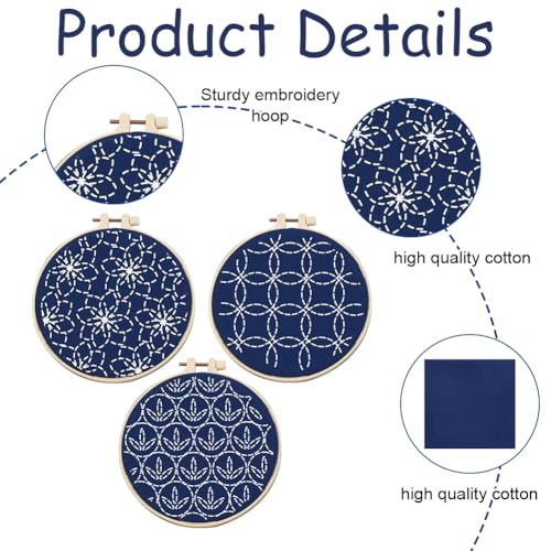 Image of FREEBLOSS 3 Set Sashiko Kit Sashiko Embroidery Kit Beginner Embroidery Kit Includes Embroidery Thread, Needles, Fabric and Hoop Embroidery Kits to Learn for Adults Wall Hanging Decor for Home