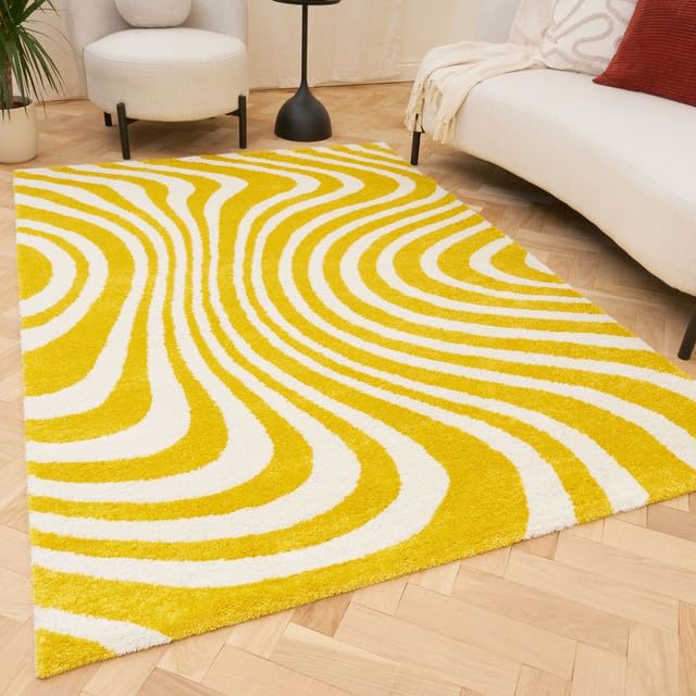 THE RUGS Joli Area Rug - Soft Dense Pile Modern Artistic Design, Durable & Easy Care Carpet for Living Room & Bedroom - Wavy Stripe Yellow & White, 160 x 230 cm