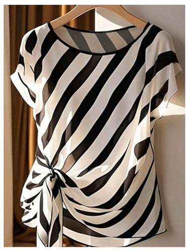 Floerns Women's Chiffon Blouses Tops Striped Mesh Bowknot Round Neck Shirts Short Dolman Sleeve Tie Side Work Blouse4