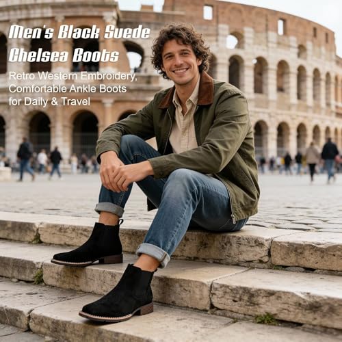Image of Men's Chelsea Boots Suede Ankle Boots - Comfortable Slip-On Dress Boots for Casual & Work