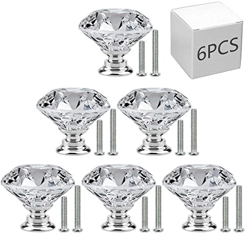 JIIDAA 6 PCS Cabinet Knobs with 2 Sizes Screws 30mm Drawer Handles Crystal Glass Diamond Shaped cupboards Door Knobs for Dresser Drawers and Kitchen Bathroom Cabinet Office