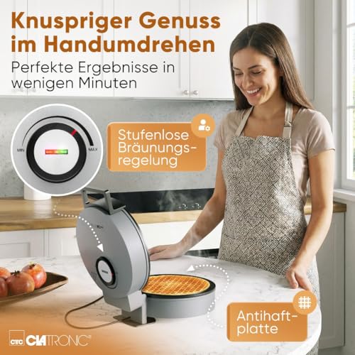 Foto von Clatronic® Hörncheneisen | Antihaftbeschichtung | inkl. Hörnchenkegel | stufenloser Regler für Bräunung nach Wunsch | Hörnchenautomat | 1200W | große Backfläche | Eiswaffeleisen | HA 3833