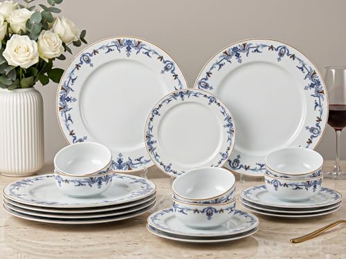 Image of Bodhi House Premium Porcelain Dinner Set 18 Pieces Serving for 6 | Royal Crest Design | Microwave & Dishwasher Safe | Crockery Set | Dinnerware Set for Home, Dining, Kitchen & Gifting