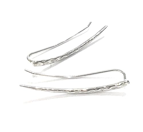 Miniatura 4 de Ear Climber Earrings Long Sterling Silver Climbers Crawler Bar Studs Hammered Textured 30mm Length (Right Ear)