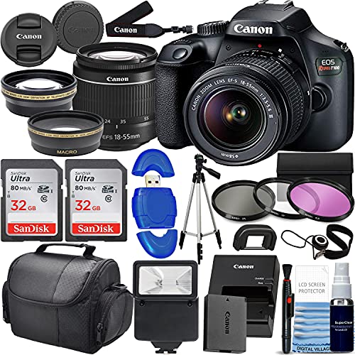 Canon Rebel T100 / EOS 4000D w/Canon EF-S 18-55mm F/3.5-5.6 III Zoom Lens & Professional Accessory Bundle W/ 2X 32GB Memory Cards + Case Wide Angle Telephoto More! Black (Renewed)