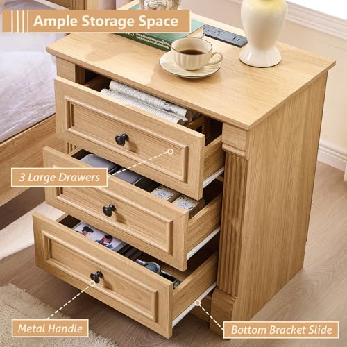 Image of Aitjunz 26 inch Tall Nightstand with Charging Station, Farmhouse 23.6 inch Wide Large End Table w /Roman Column, Wood Rustic Side Table w /Metal Handle, 3 Drawers Dresser for Bedroom, Living Room, Natrual