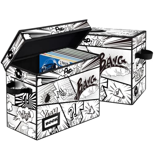 Image of 2 Pack Comic Book Storage box, Collection 15.8 inch X 7.8 inch X 11.8 inch, Collapsible Holds 160-180 Comic Book Short Box Organizer Container Holder Shelf(Cartoon Bombs)