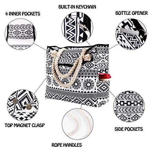 Women Beach Bag Large Waterproof Sandproof, Mandala Boho Bohemian Black White Extra Canvas Pool Tote Pockets, Travel Gym Yoga Swim XL Essentials Family Accessories Oversized Stuff Vacation Supplies - Image 3