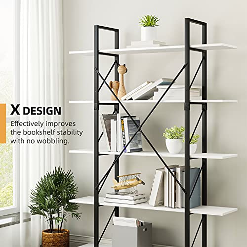 DWVO 5 Tier Tall Bookshelf, 12" D x 47" W x 71" H Large Industrial Book Shelf Vintage Bookcase for Living Room, Bedroom, Home Office, Free Standing Storage Shelving Unit, White