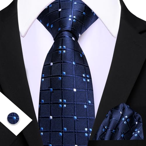 Image of Barry.Wang Mens Tie Set Plaid Check Neckties Formal Business Wedding Luxury Pocket Square Cufflinks