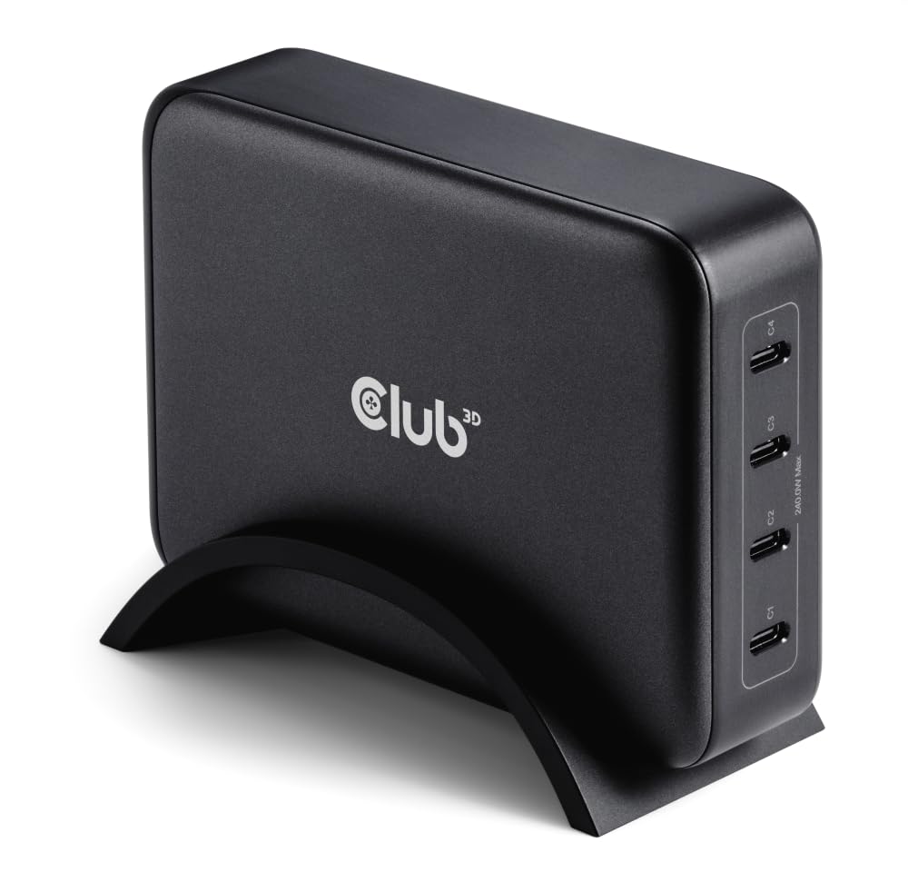 Club3D CAC-1918 ładowarka podróżna 240 W, technologia GaN, cztery porty USB typu C, Power Delivery (PD) 3.1 i obsługa PPS