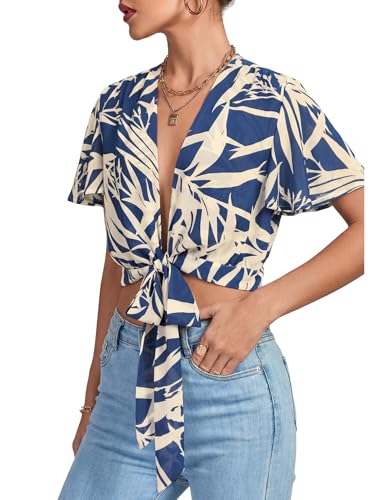 Image of LYANER Women's Sexy Deep V Neck Tie Front Wrap Cropped Blouse Bell Short Sleeve Ruffle Crop Tops
