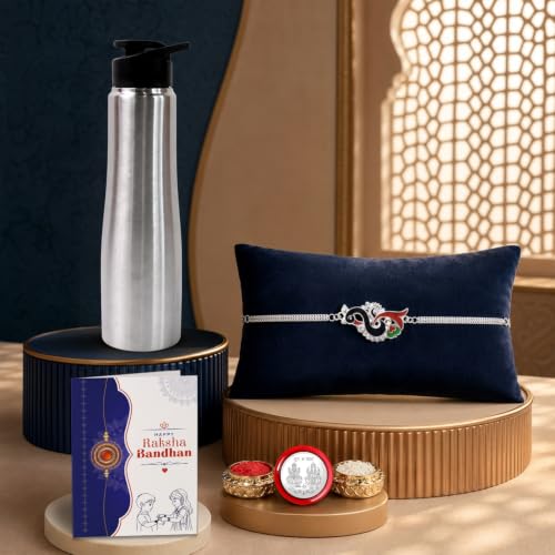 Image of DeoDap Rakhi with Bottle for Brother - Multicolor Silver Bracelet Rakhi for Brother with Bottle, Silver Color Pooja Coin, Greeting Card & Tiak Set, Raksha Bandhan Occasion Combo Pack for Bhai