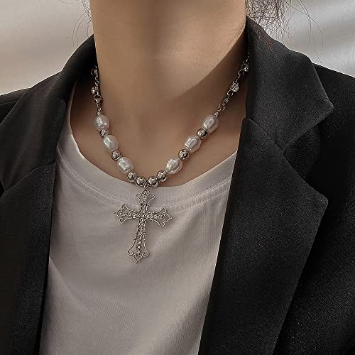 Crystal Cross Necklace Big Y2K Pearl Cross Necklace Stainless Steel Bead Bling Chain Irregular Cool Punk Vintage Pendant Necklace For Women Downtown Girls #TOP3