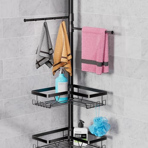 Taozun Shower Caddy Organizer Tension Pole, Rustproof 2 Towel Bars and 4 Adjustable Shelves...