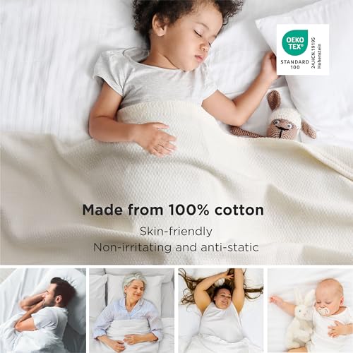 Image of Bedsure 100% Cotton Blanket, Herringbone Weave, Queen Size, Cream