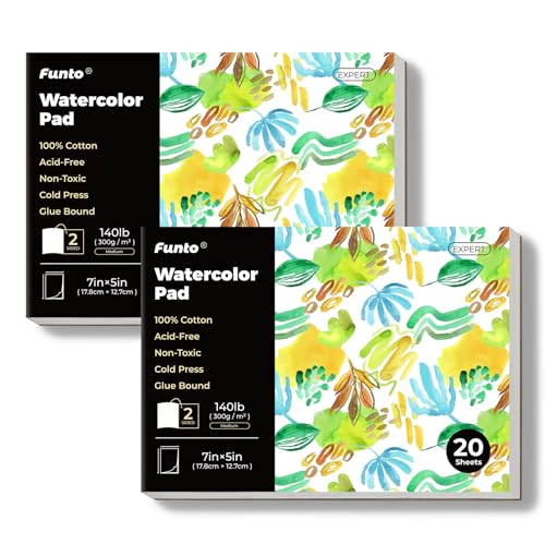 Funto Watercolor Pads, 2 Packs, 100% Cotton, 20 Sheets Each, 7x5, 140lb/300gsm, Glue Bound, Easy Tear Heavyweight Art Paper for Painting